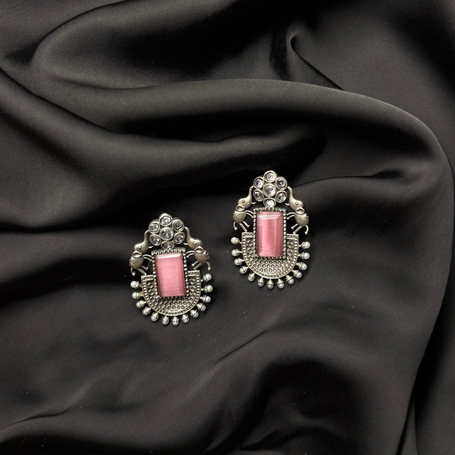Oxidised German Silver Earrings with Pink Stone & Elephant Motif