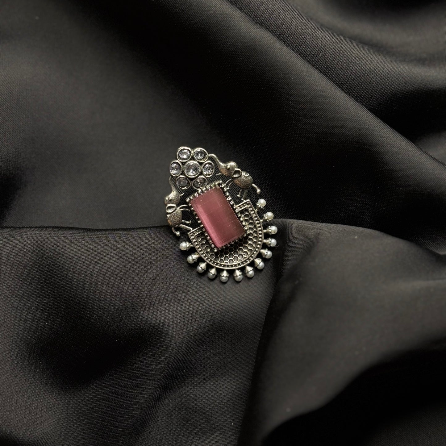 Oxidised German Silver Earrings with Pink Stone & Elephant Motif