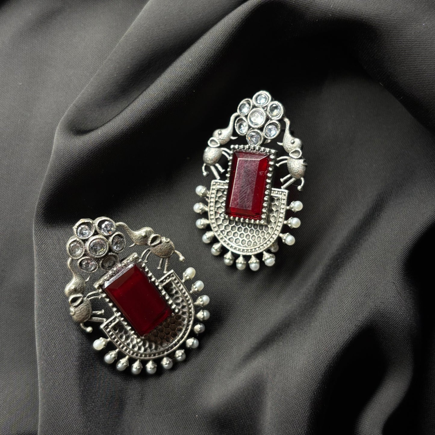 Oxidised German Silver Earrings with Dark Red Stone & Elephant Motif