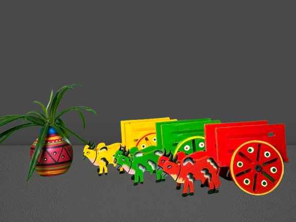 Brass Bullock Cart/Bailgadi - Red, Yellow & Green