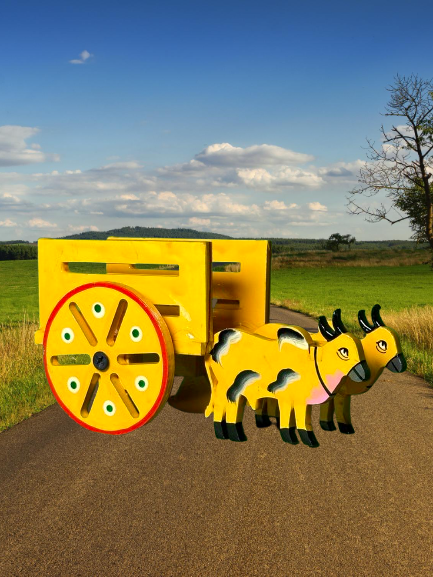 Brass Bullock Cart/Bailgadi - Red, Yellow & Green
