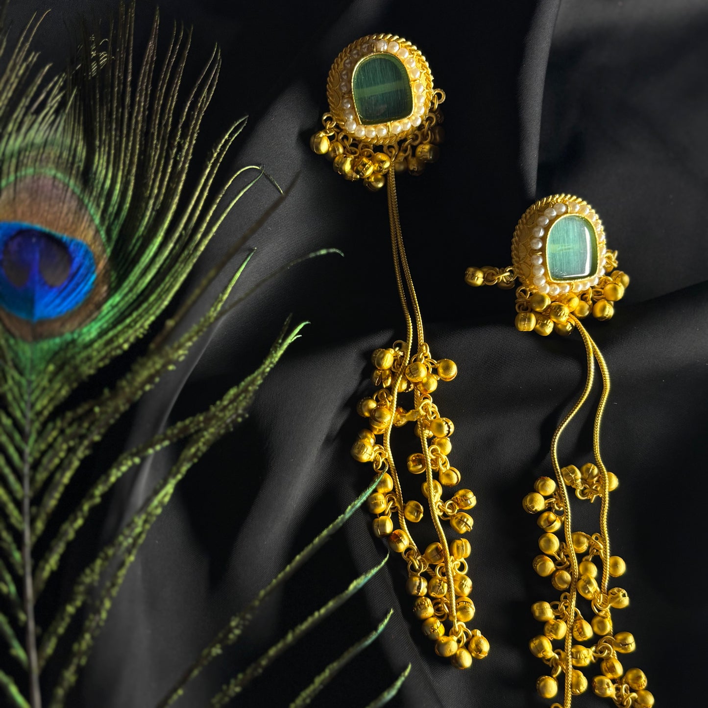 Kashmiri Ghungru Earrings with Green Stone & Pearl Detailing – Traditional Ethnic Wear
