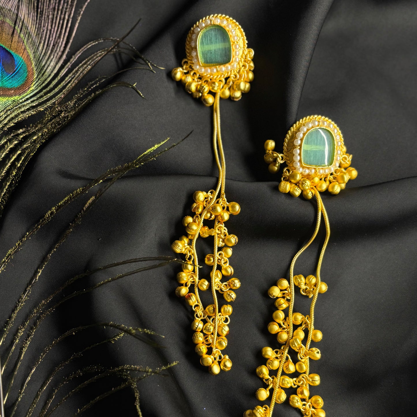 Kashmiri Ghungru Earrings with Green Stone & Pearl Detailing – Traditional Ethnic Wear