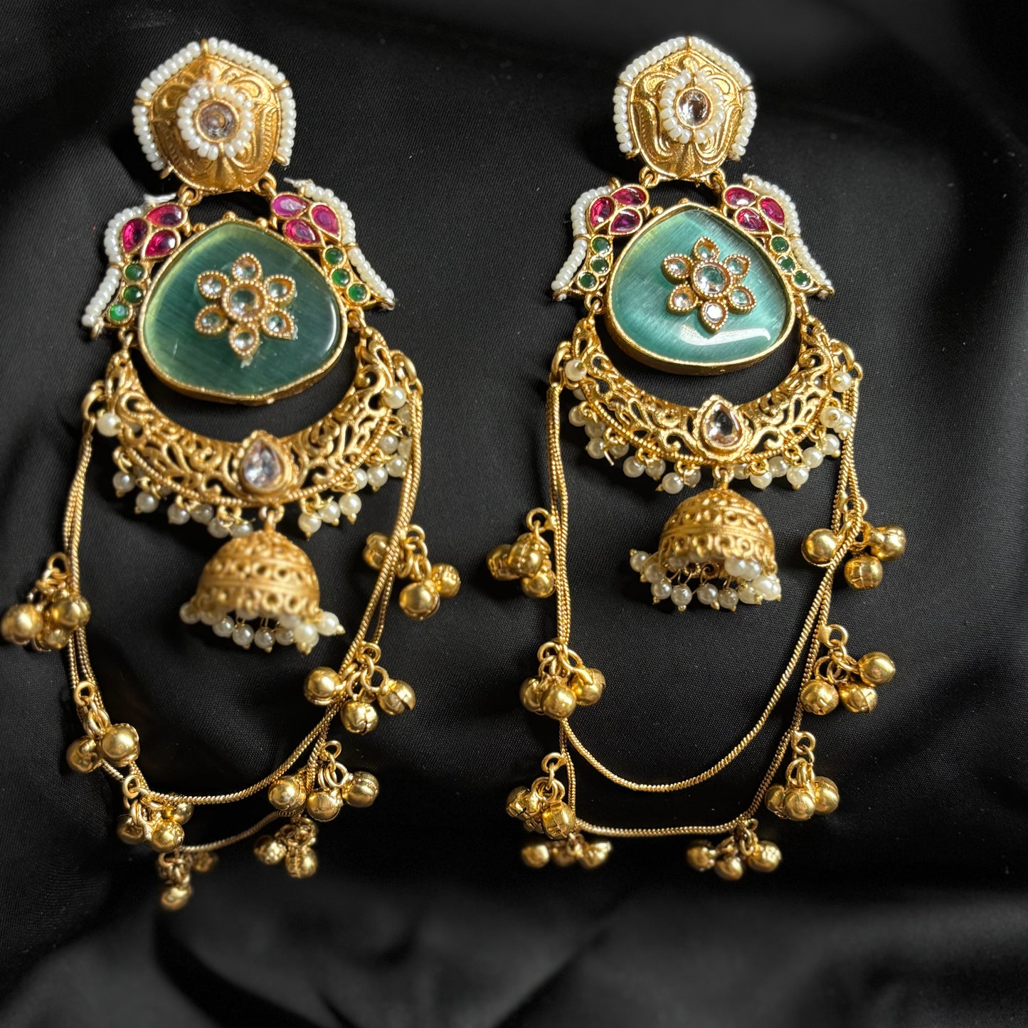 Kashmiri Gold Premium Brass Jhumka Sea Green