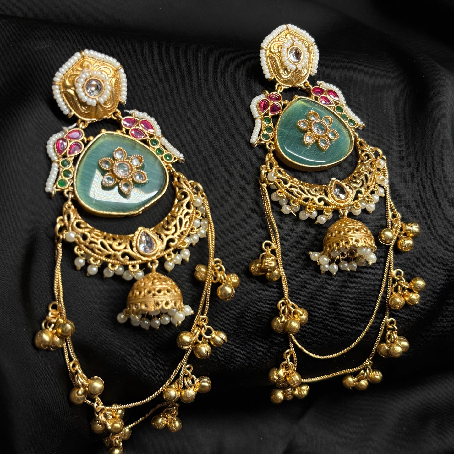 Kashmiri Gold Premium Brass Jhumka Sea Green