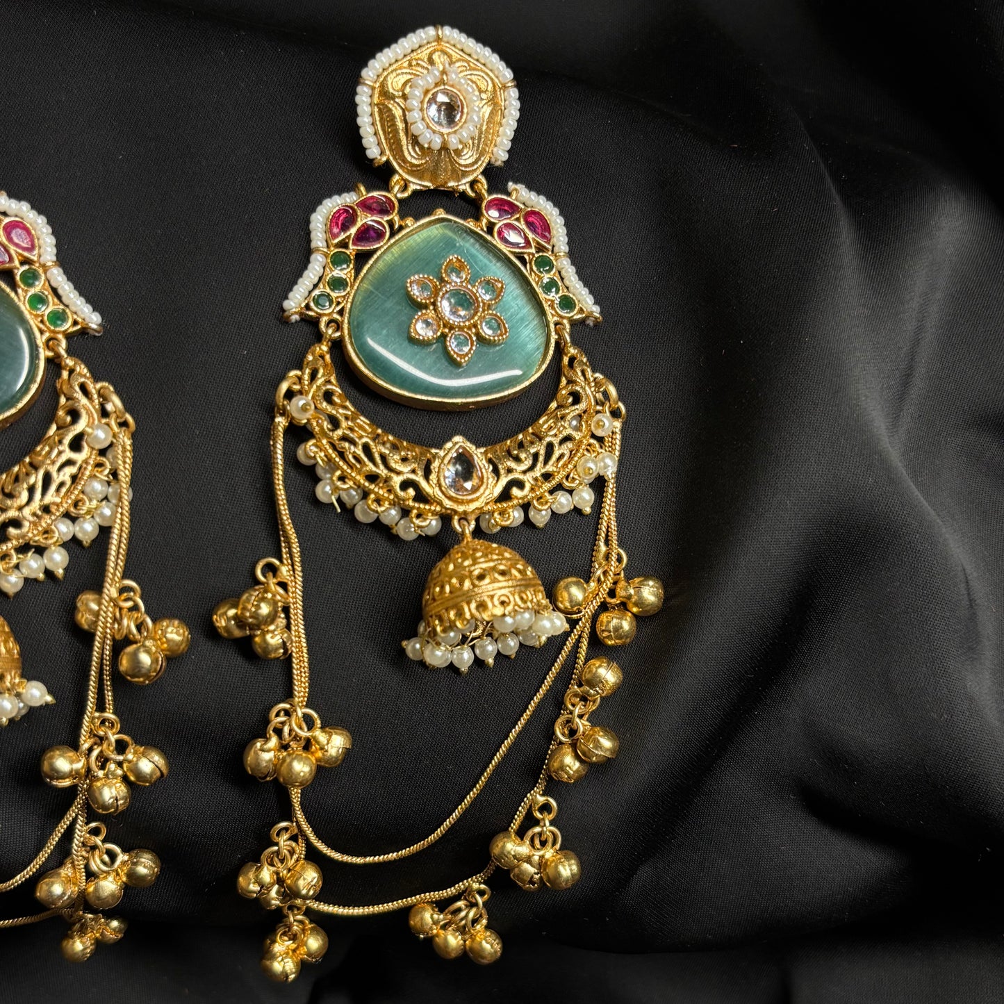 Kashmiri Gold Premium Brass Jhumka Sea Green