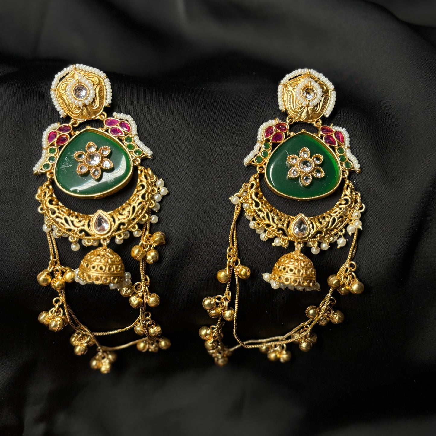 Kashmiri Gold Premium Brass Jhumka Emerald Green