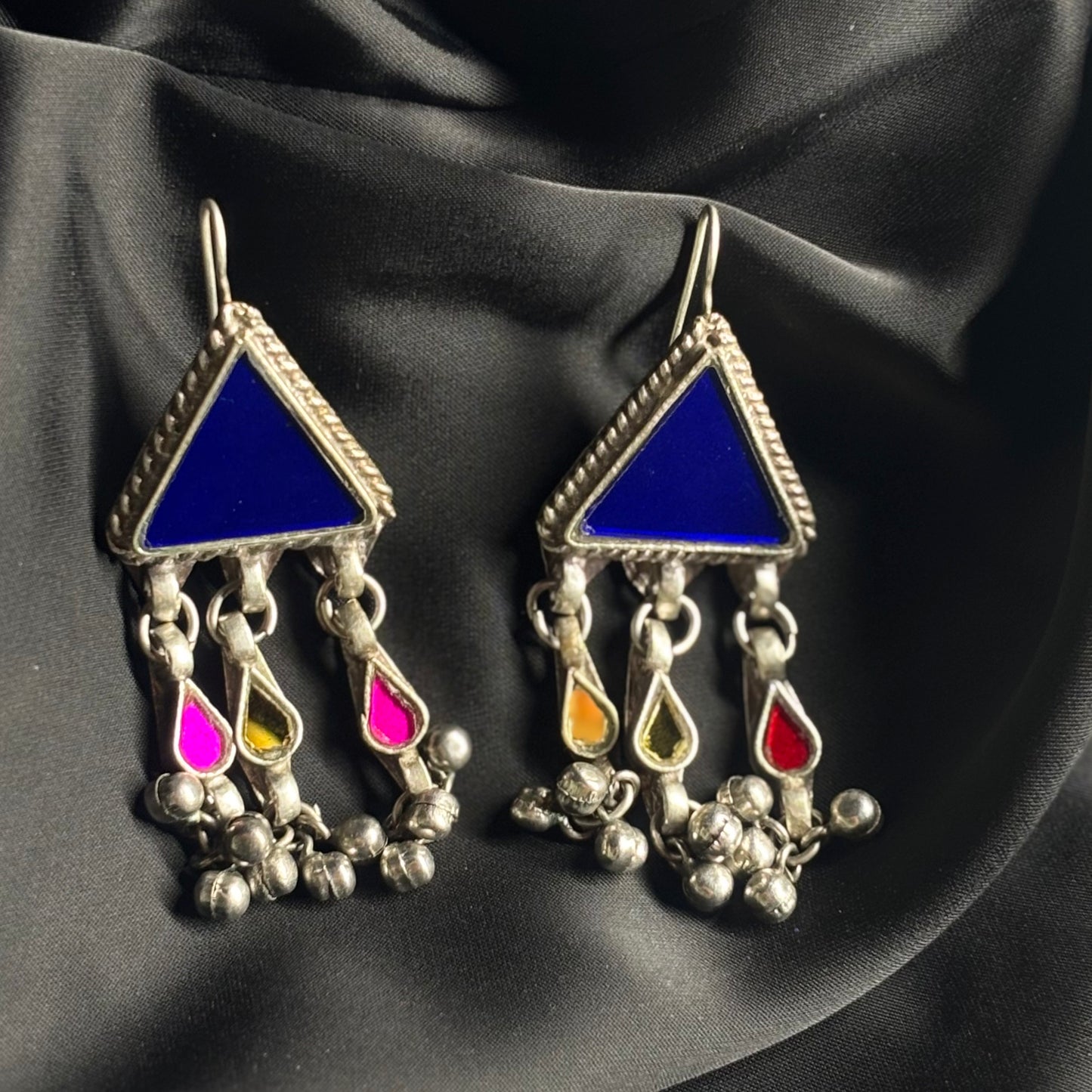 Tribal Oxidised Silver Triangle Dangler Earrings – Multi-Color Mirror Work