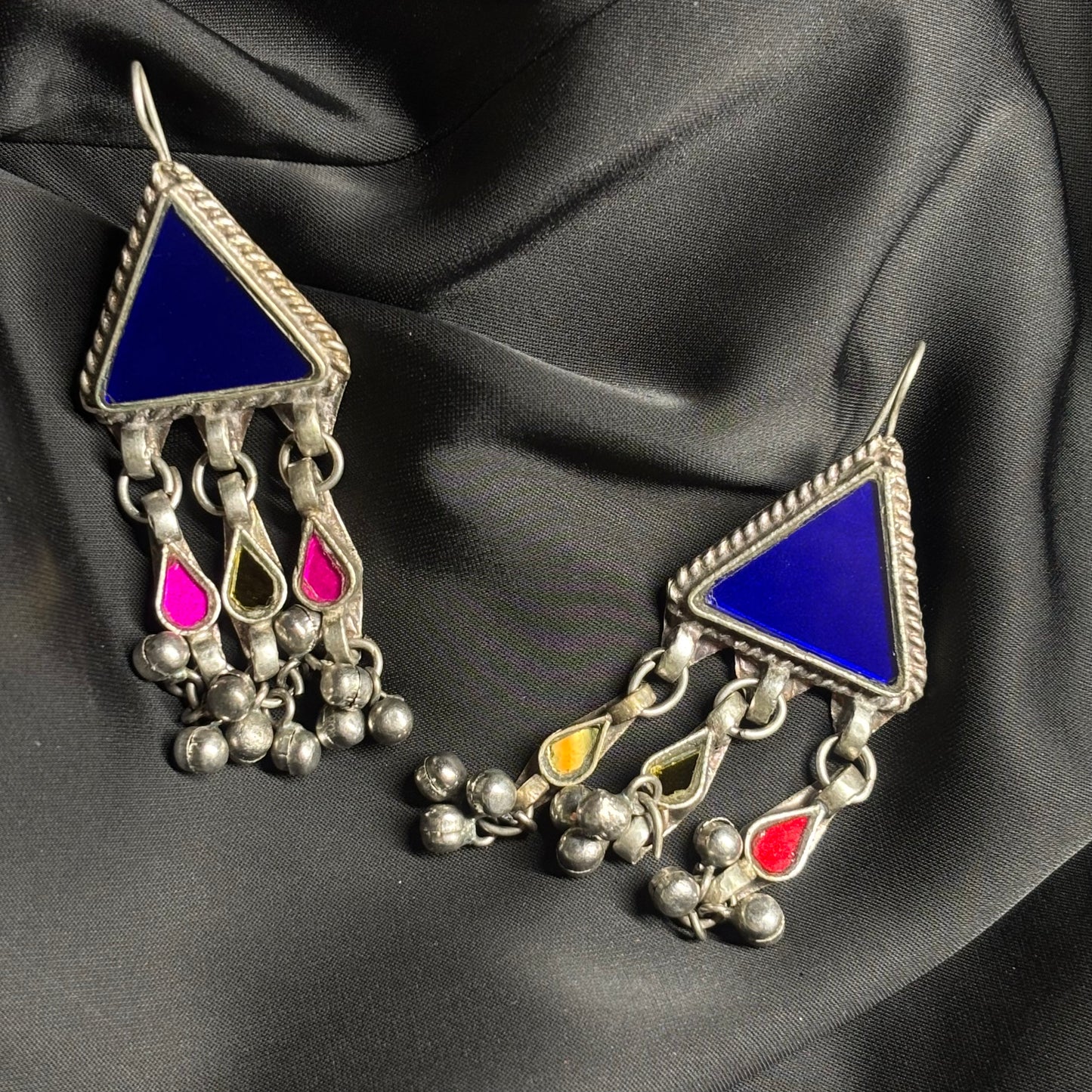 Tribal Oxidised Silver Triangle Dangler Earrings – Multi-Color Mirror Work