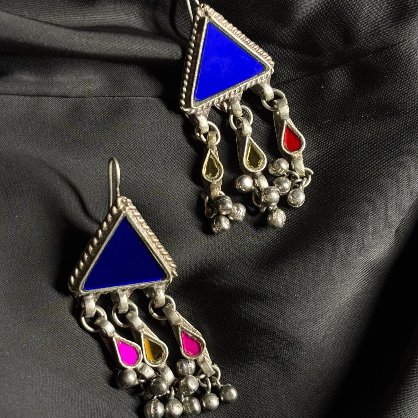 Tribal Oxidised Silver Triangle Dangler Earrings – Multi-Color Mirror Work