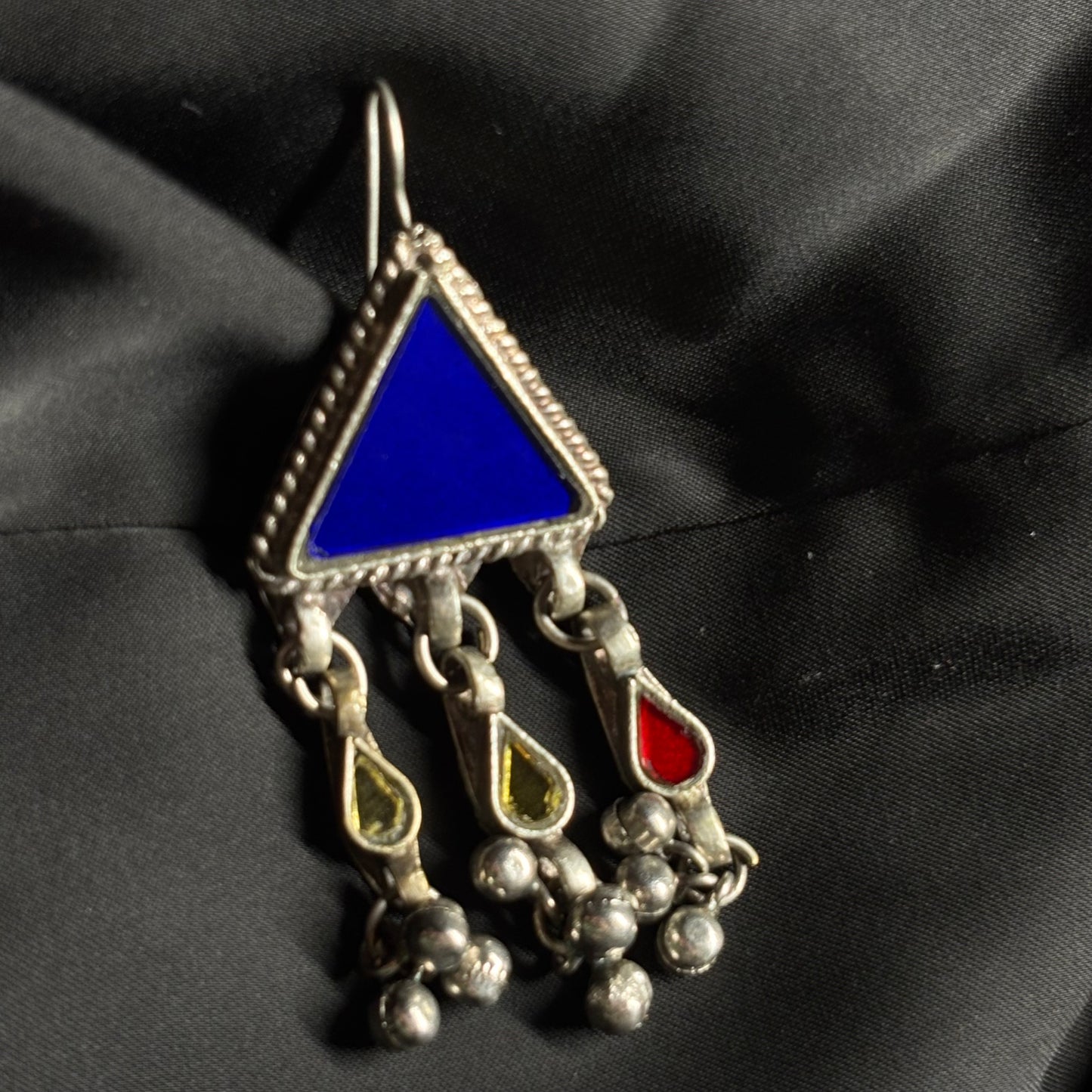 Tribal Oxidised Silver Triangle Dangler Earrings – Multi-Color Mirror Work