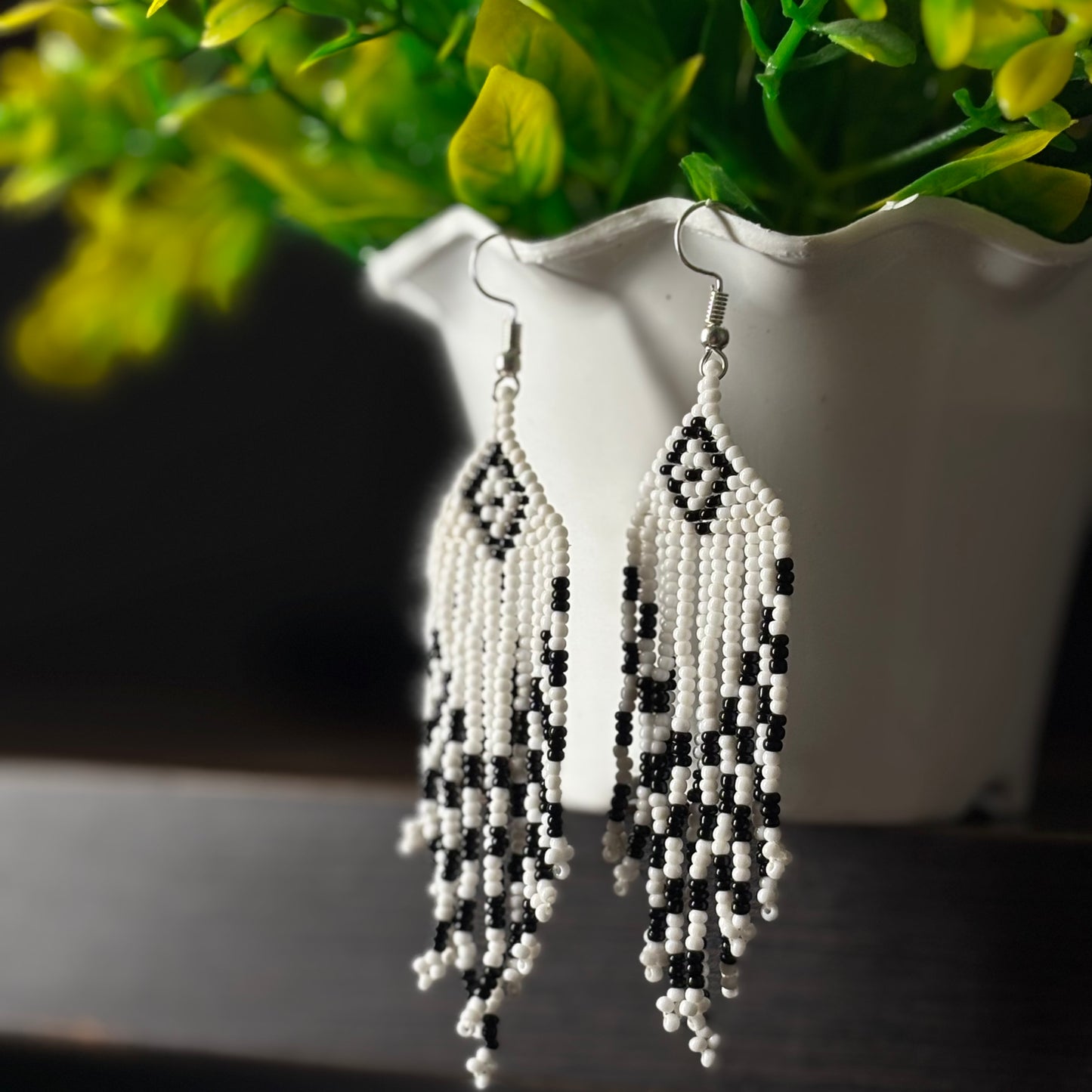 Handcrafted Jaco Beaded Earrings – Boho Tribal Fringe Style Black White Mix