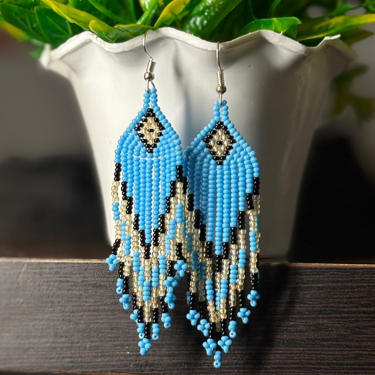 Handcrafted Jaco Beaded Earrings – Boho Tribal Fringe Style Sky Blue