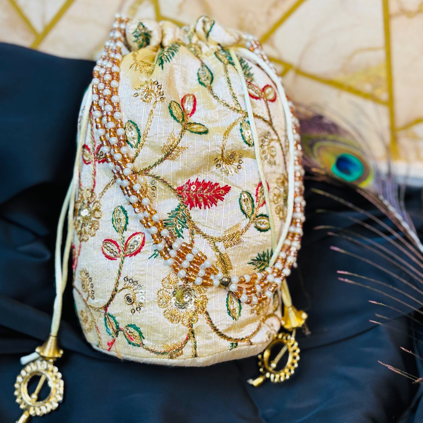 Ivory Zari Embroidered Potli with Multicolor Floral Work & Pearl Handle