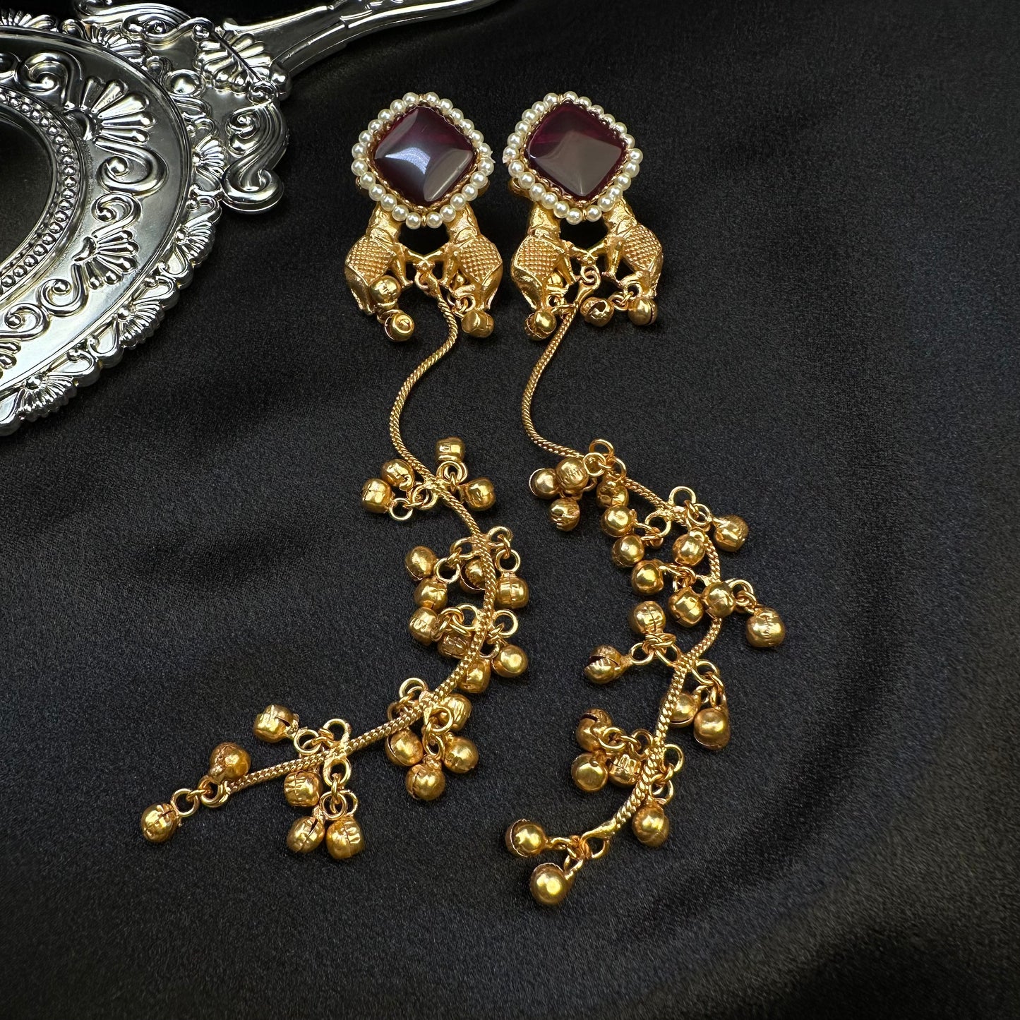Premium Kashmiri Brass Ghungroo Long Earring Maroon