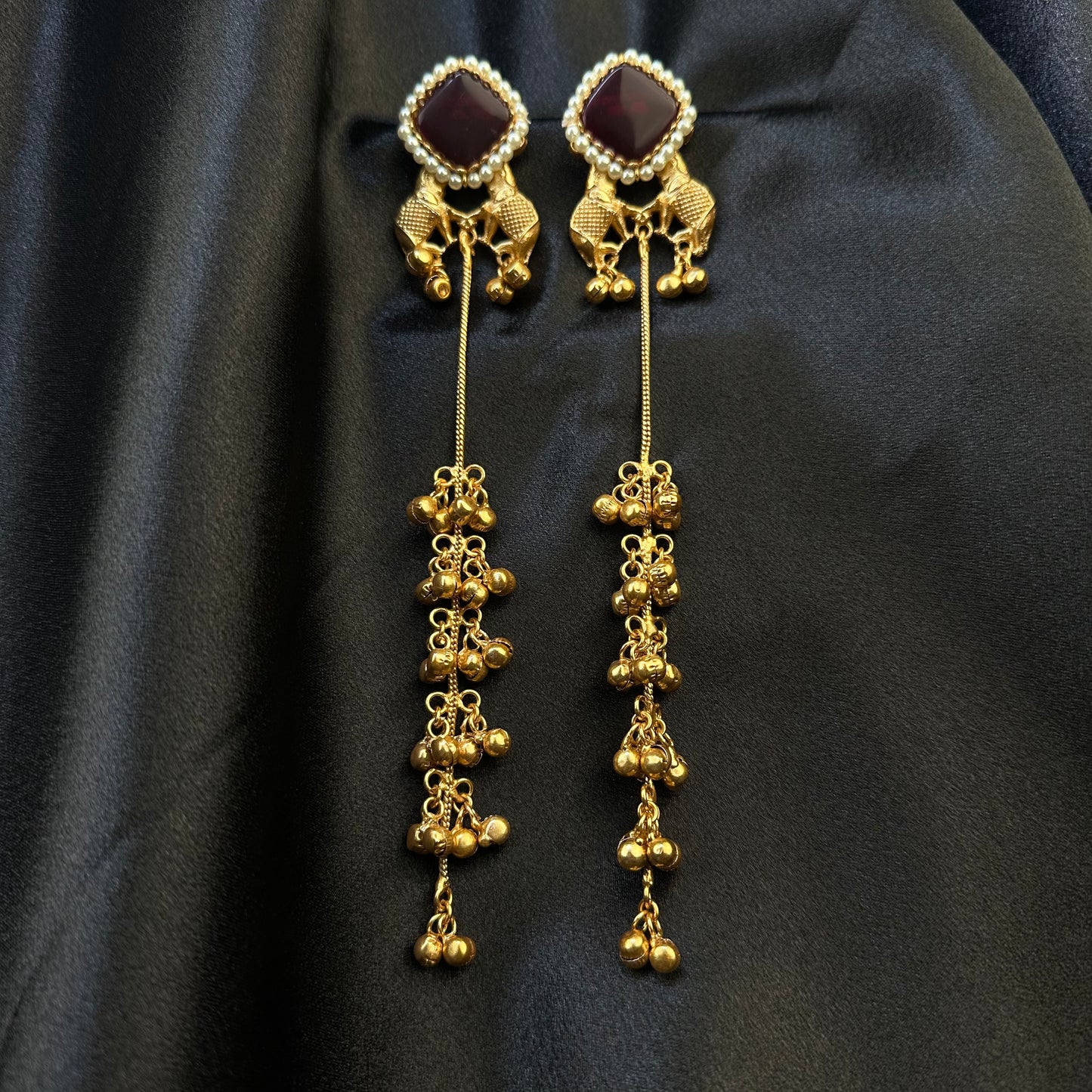Premium Kashmiri Brass Ghungroo Long Earring Maroon