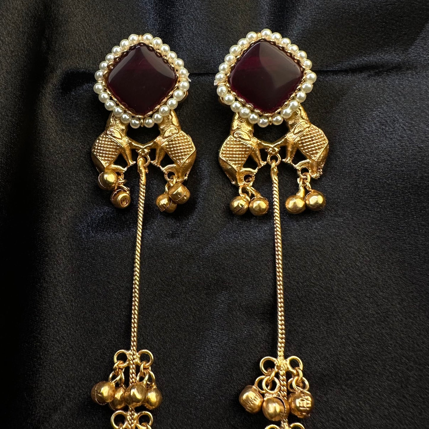 Premium Kashmiri Brass Ghungroo Long Earring Maroon