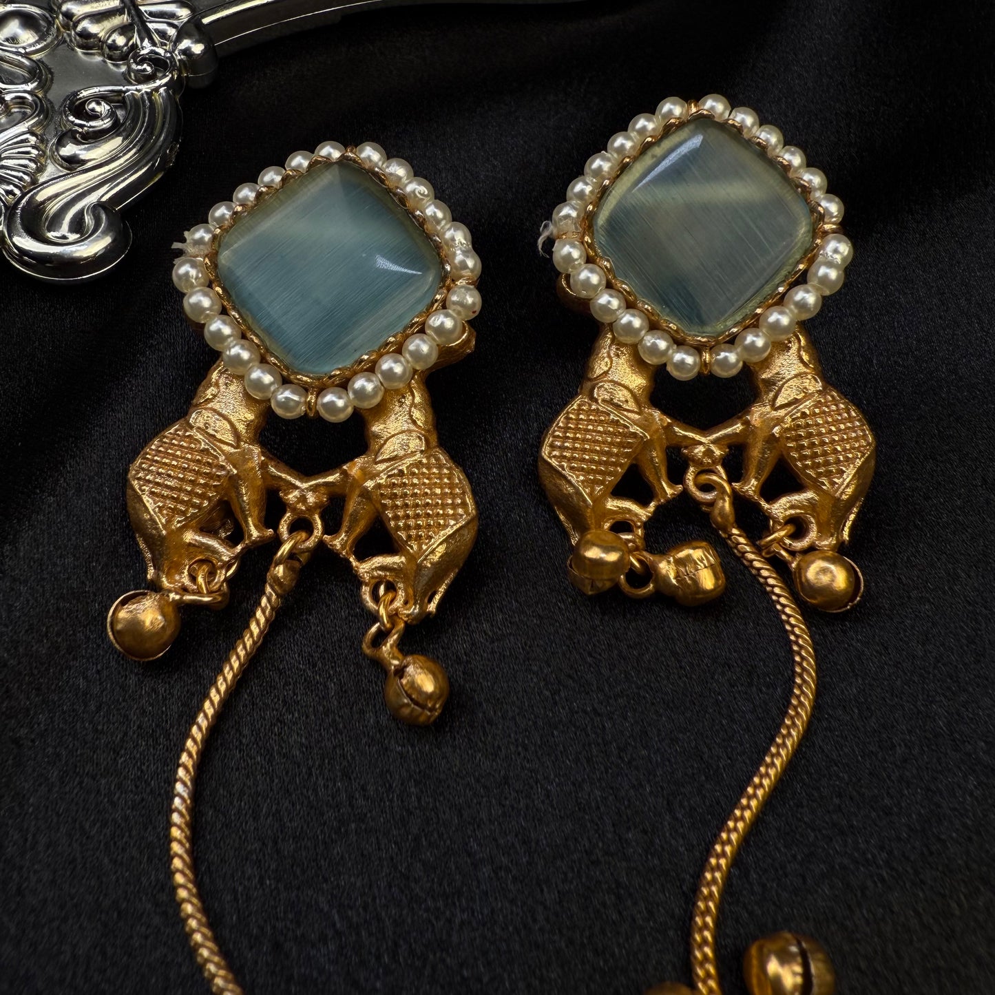 Premium Kashmiri Brass Ghungroo Long Earring Aquamarine