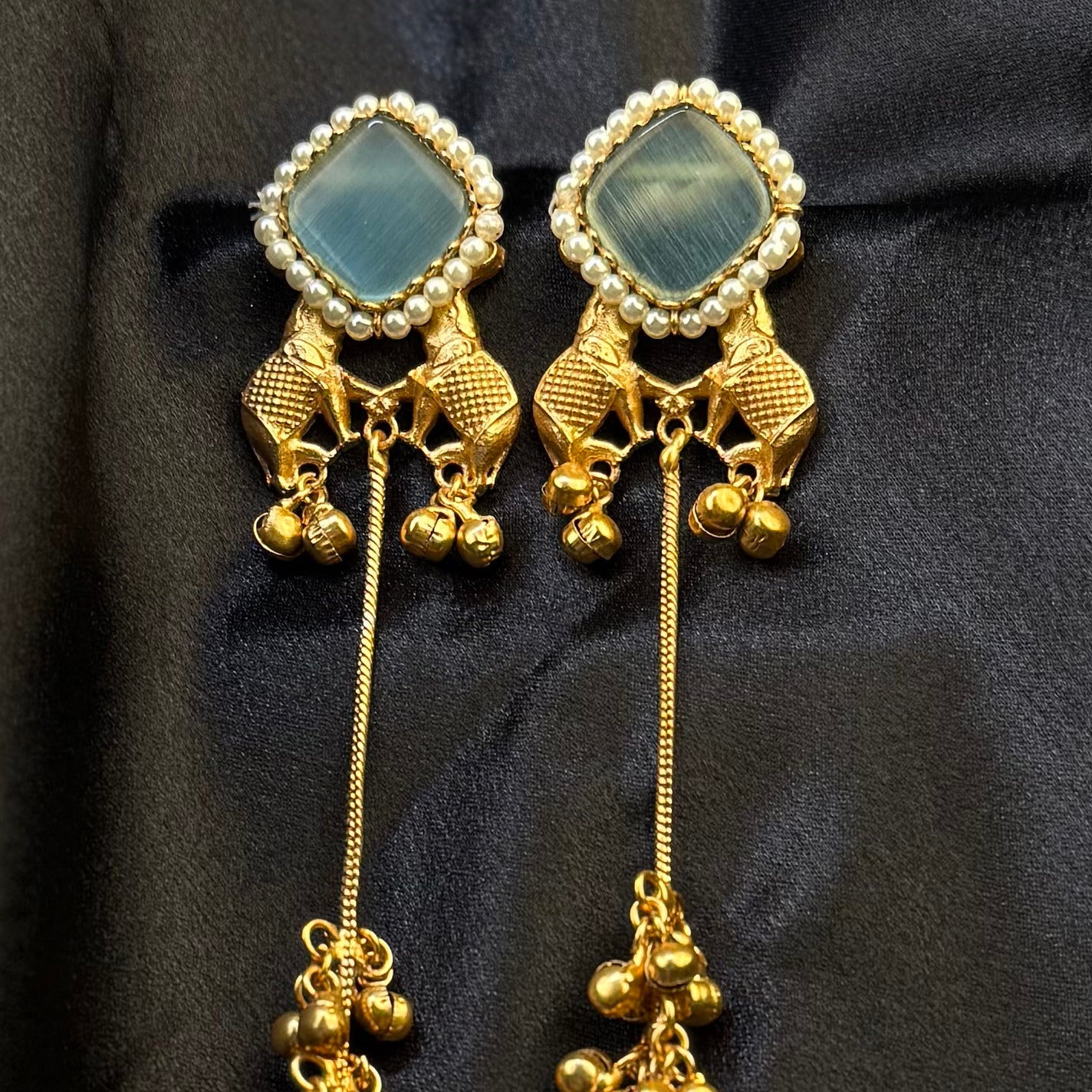Premium Kashmiri Brass Ghungroo Long Earring Aquamarine