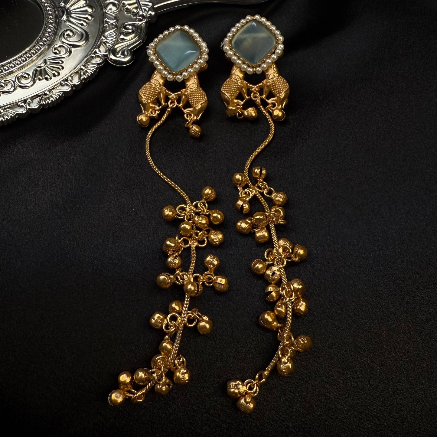 Premium Kashmiri Brass Ghungroo Long Earring Aquamarine