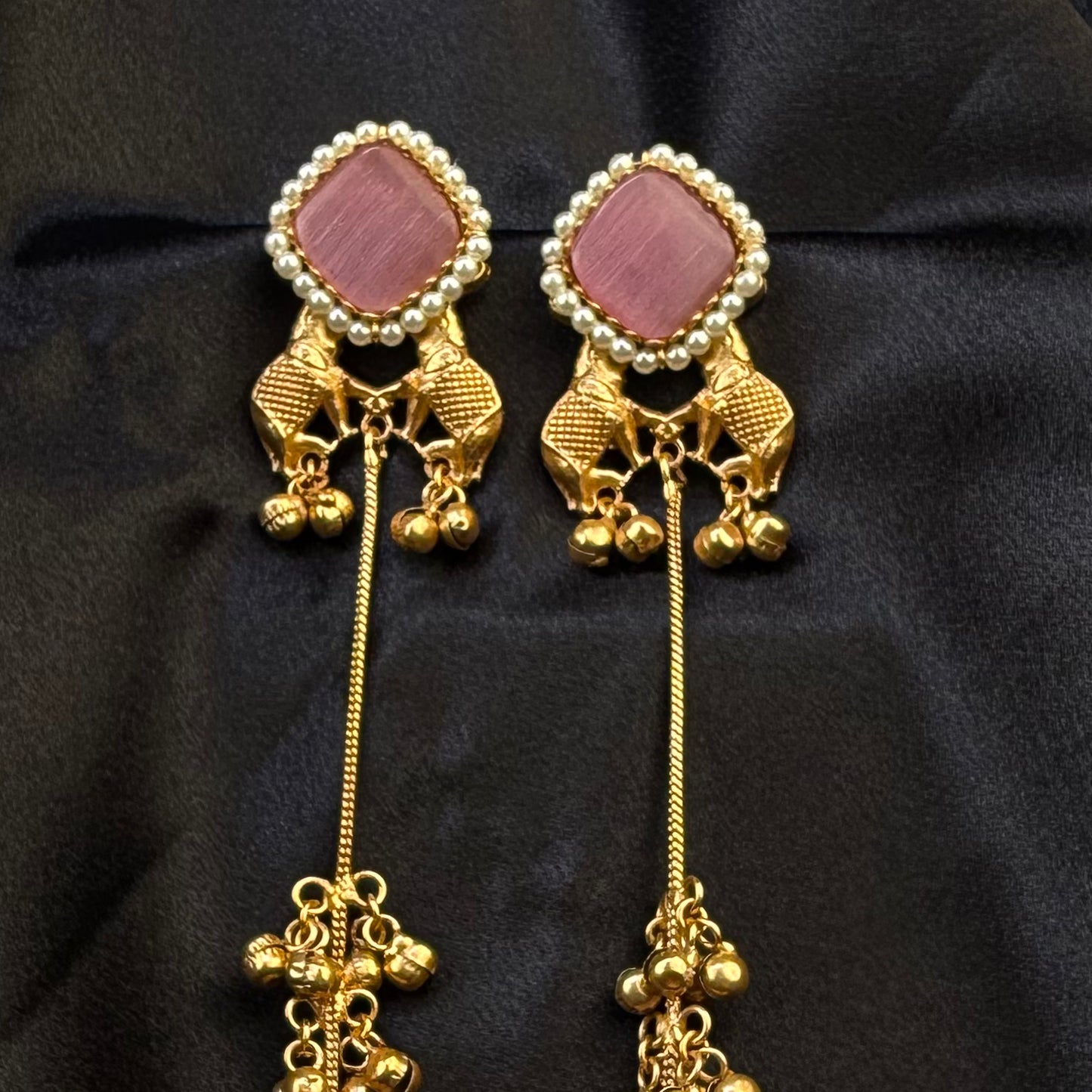 Premium Kashmiri Brass Ghungroo Long Earring Pink
