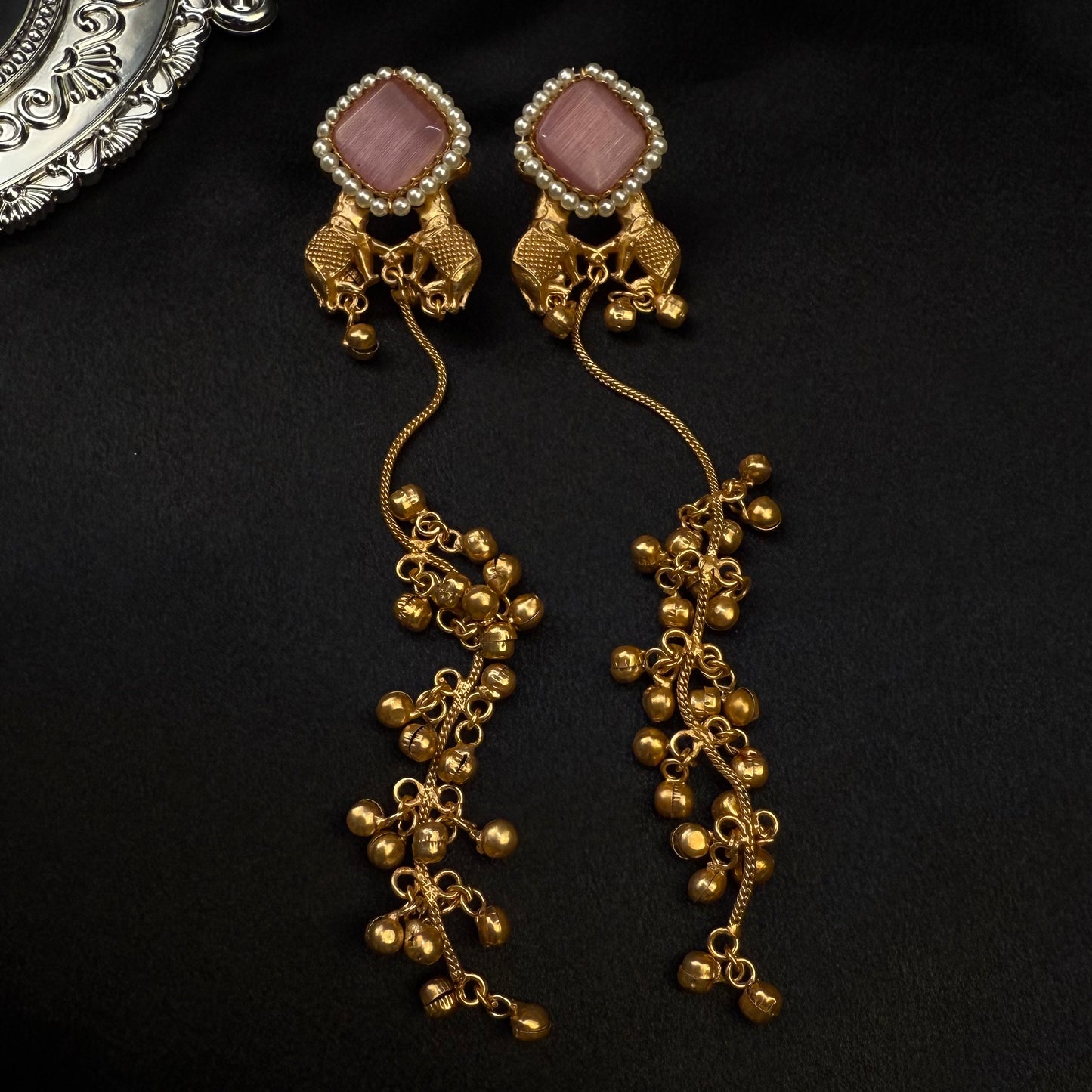 Premium Kashmiri Brass Ghungroo Long Earring Pink