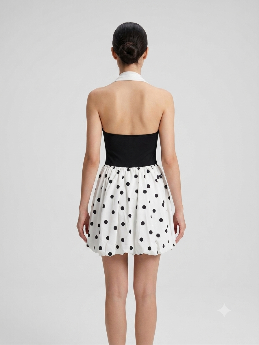 Black & White Polka Dot Halter Mini Dress for Women