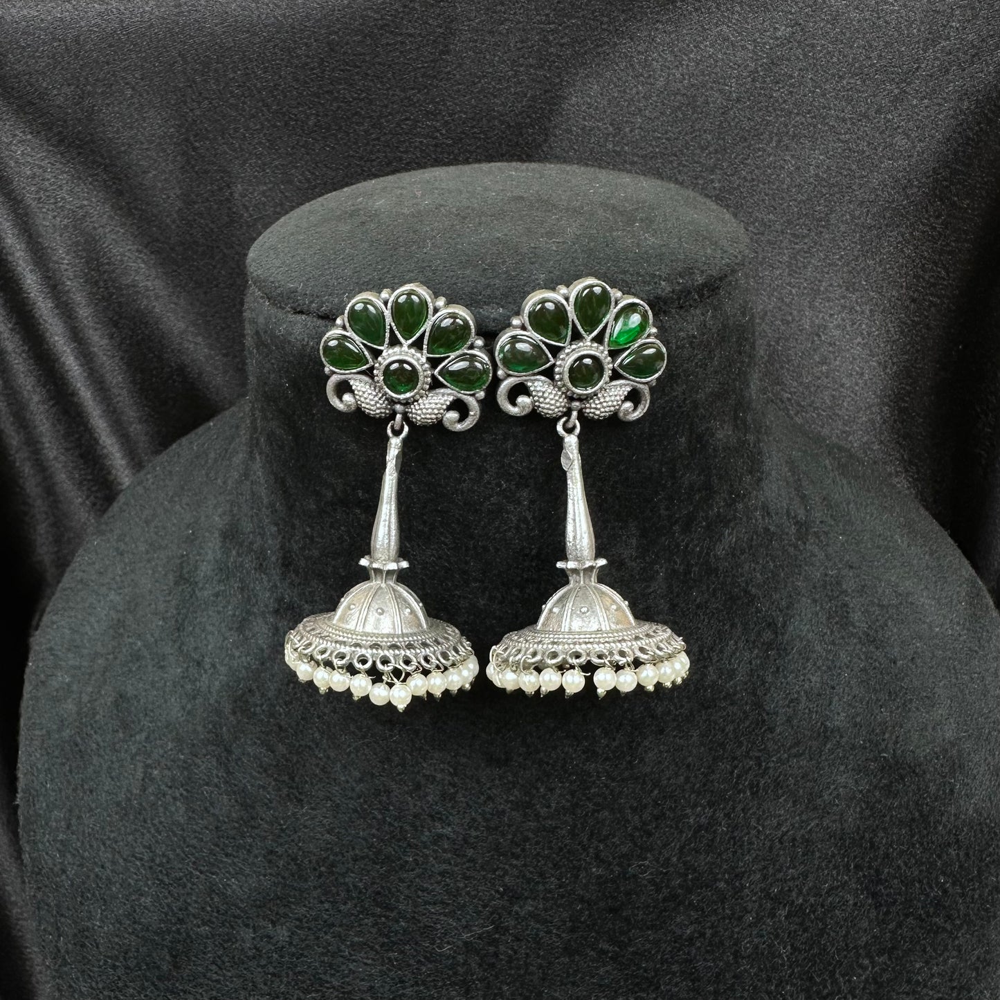 Traditional Oxidised Silver Plated Jhumka Earrings with Stone Work Green