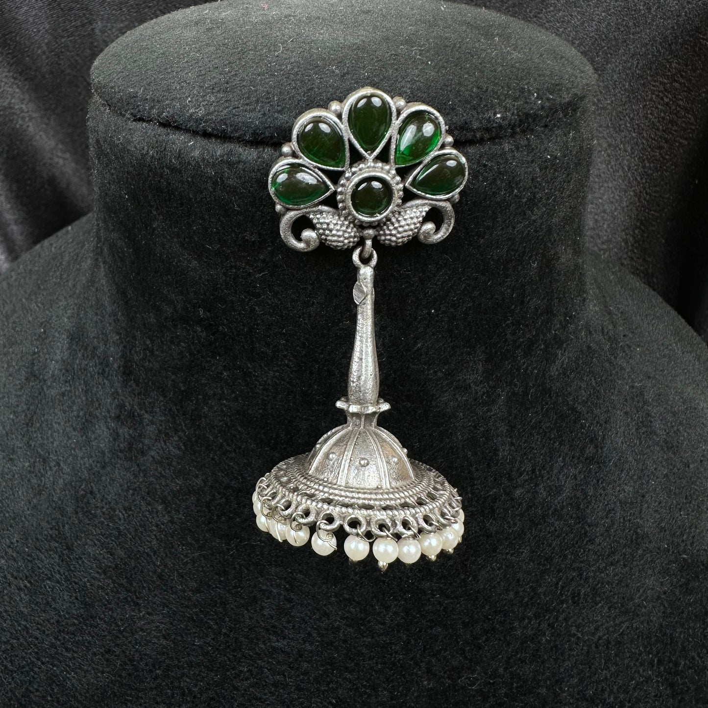 Traditional Oxidised Silver Plated Jhumka Earrings with Stone Work Green