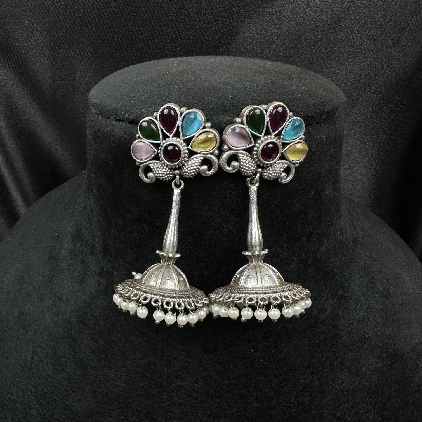 Traditional Oxidised Silver Plated Jhumka Earrings with Stone Work Multicolor