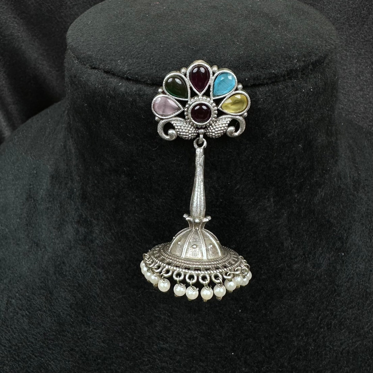 Traditional Oxidised Silver Plated Jhumka Earrings with Stone Work Multicolor