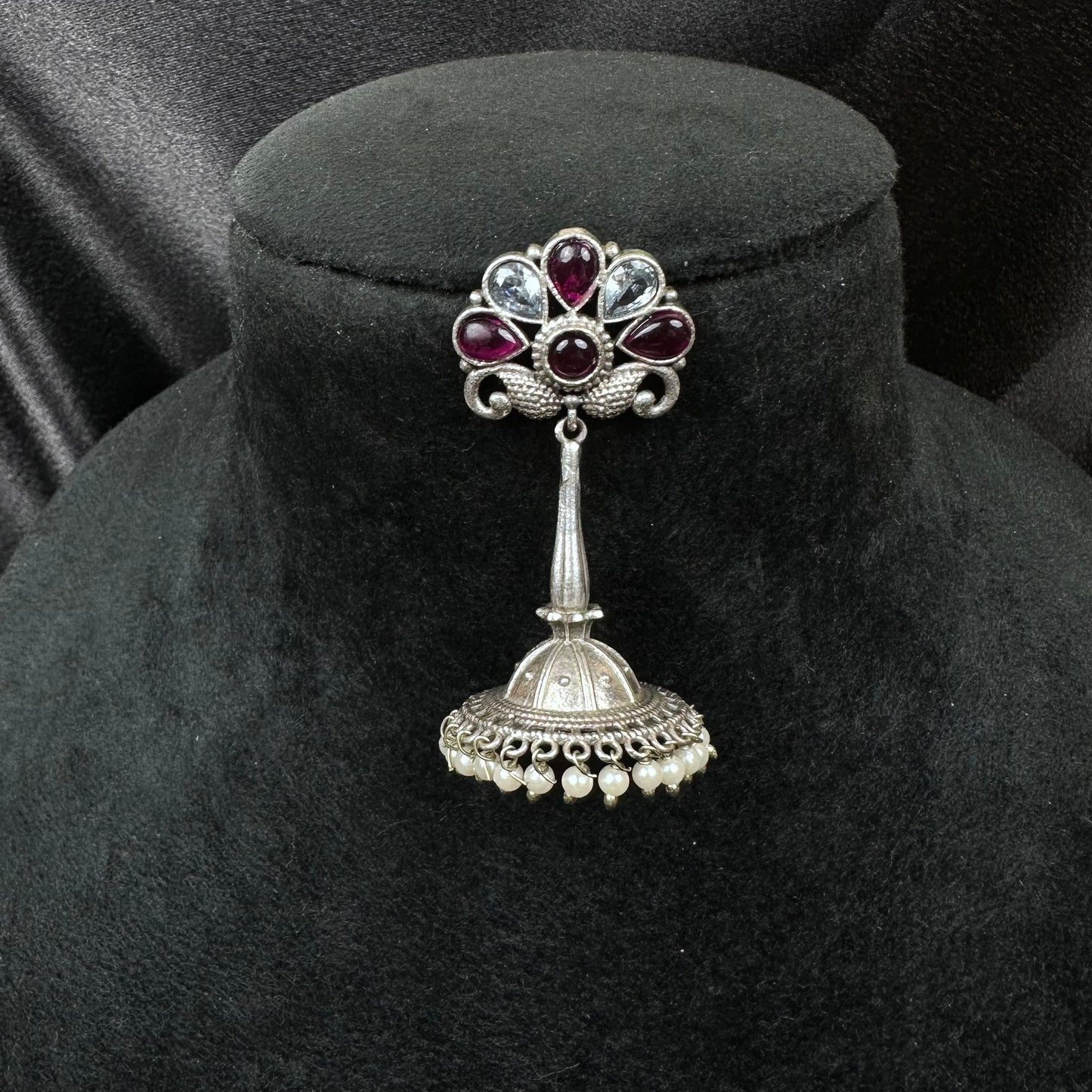 Traditional Oxidised Silver Plated Jhumka Earrings with Stone Work Maroon