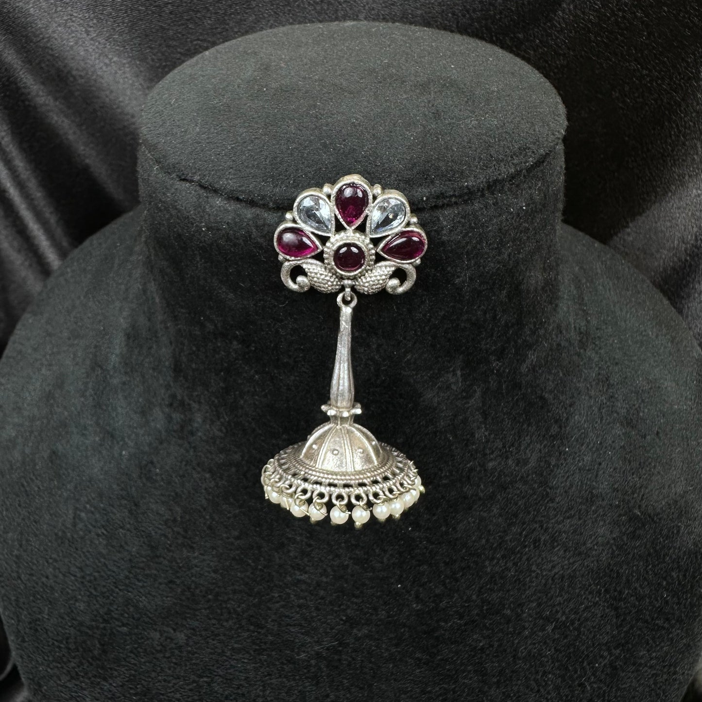 Traditional Oxidised Silver Plated Jhumka Earrings with Stone Work Maroon