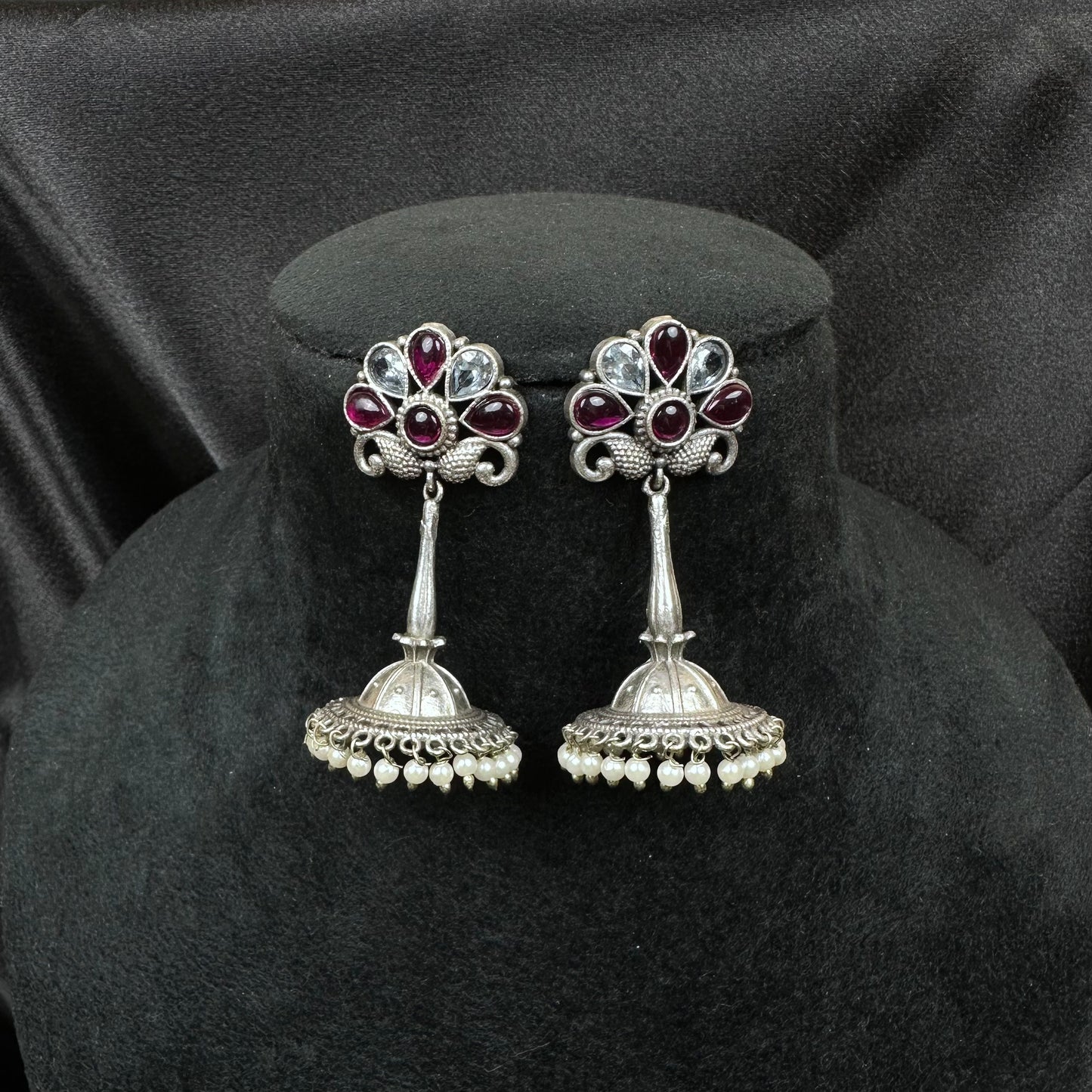 Traditional Oxidised Silver Plated Jhumka Earrings with Stone Work Maroon