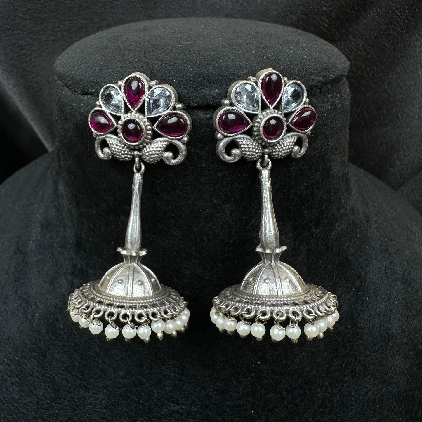Traditional Oxidised Silver Plated Jhumka Earrings with Stone Work Maroon