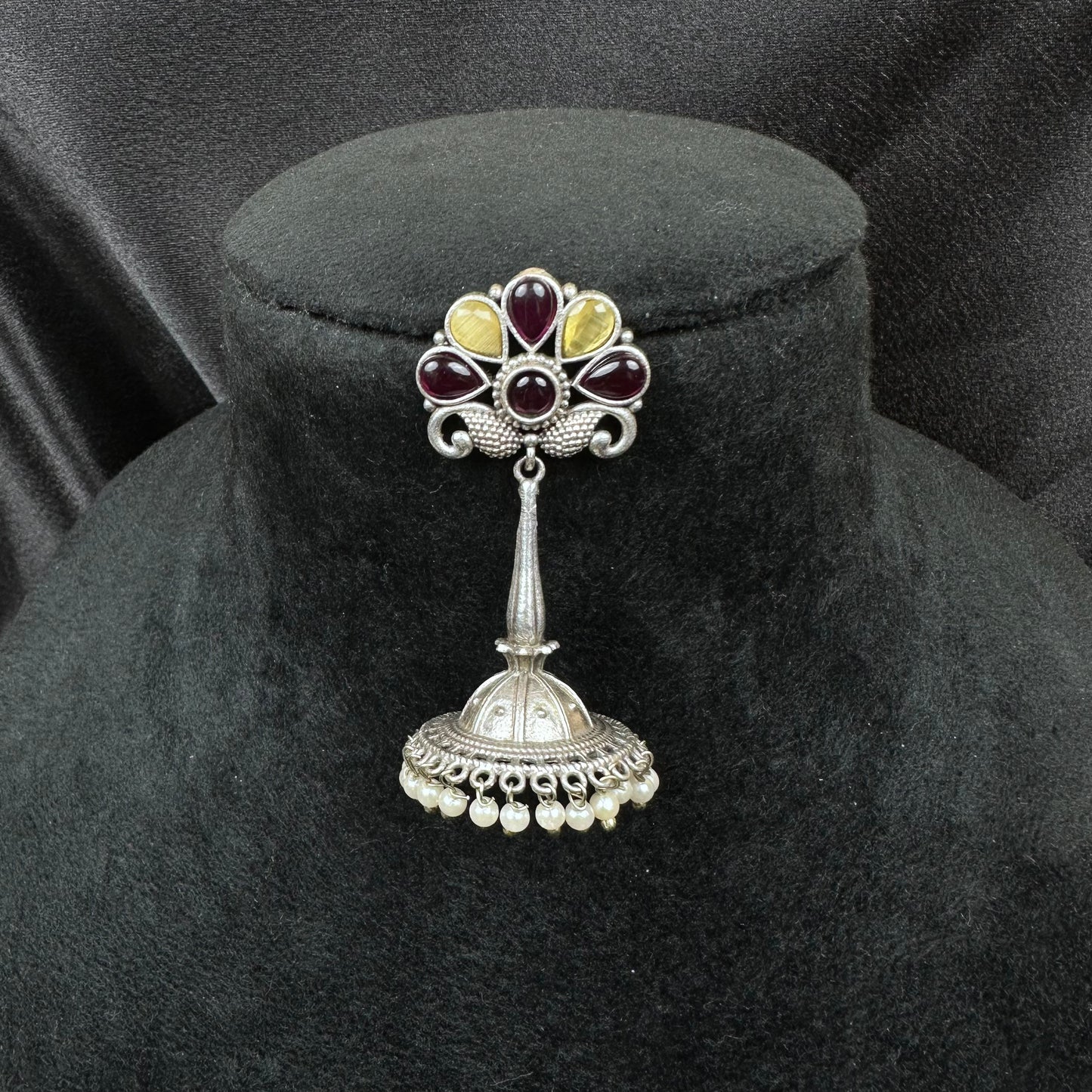 Traditional Oxidised Silver Plated Jhumka Earrings with Stone Work Yellow-Red