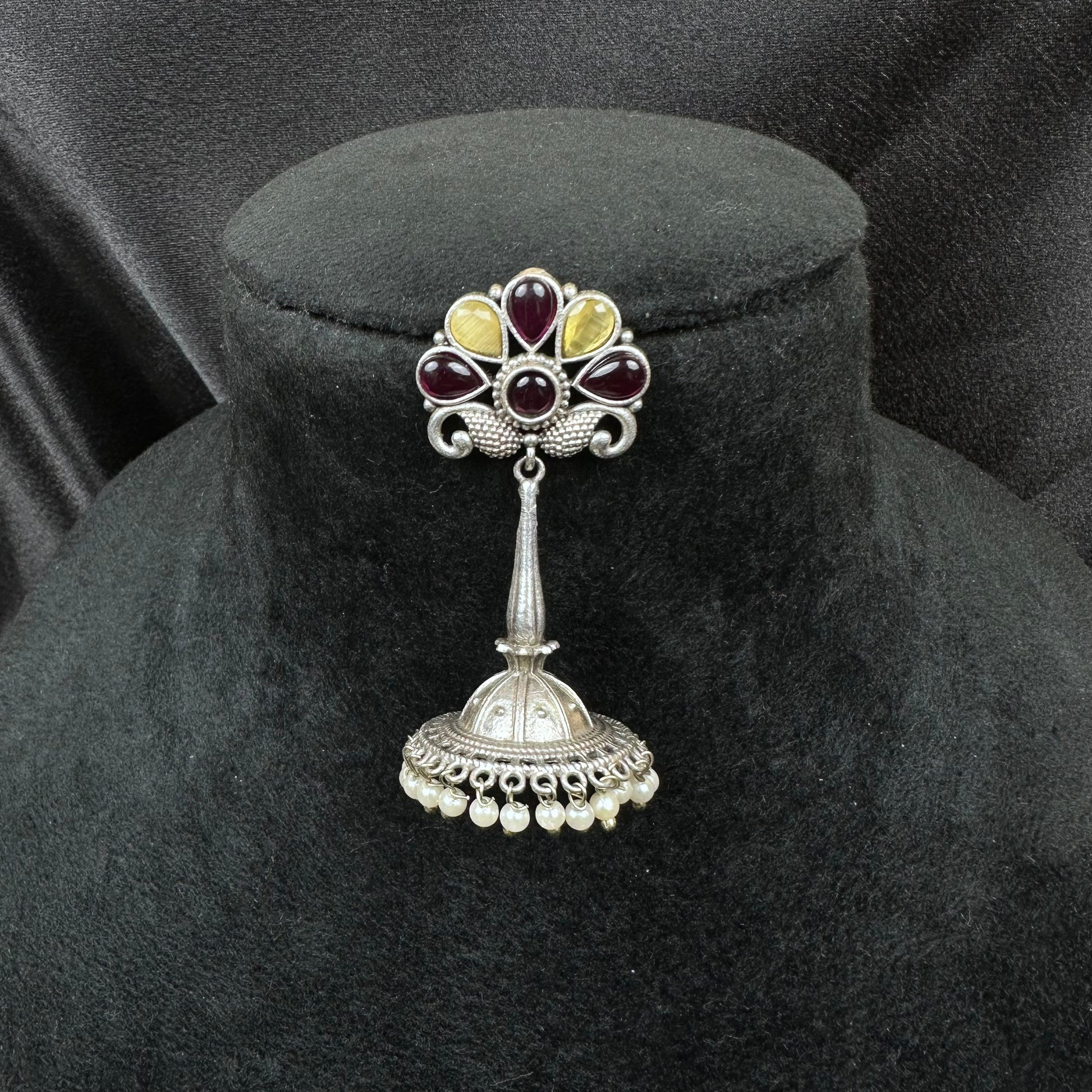 Traditional Oxidised Silver Plated Jhumka Earrings with Stone Work Yellow-Red