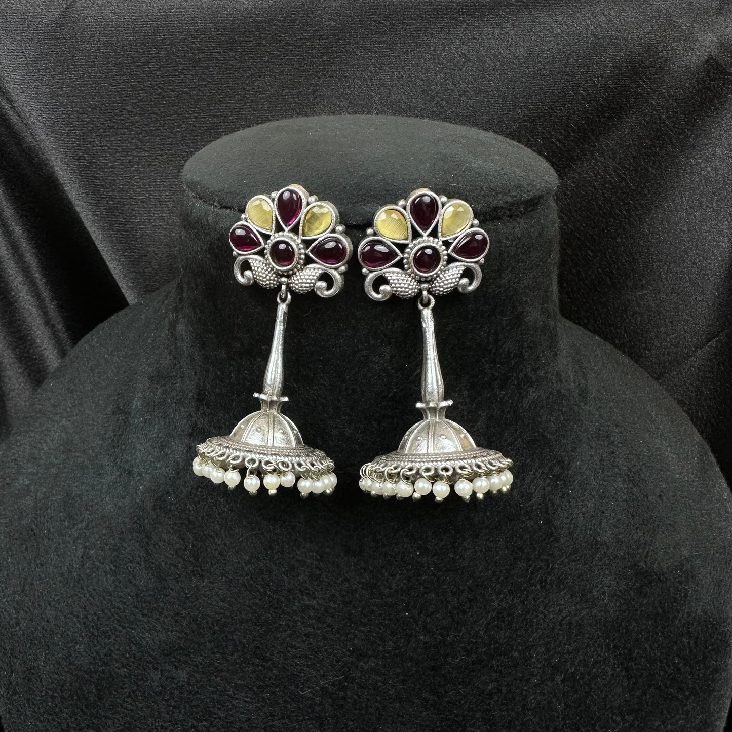 Traditional Oxidised Silver Plated Jhumka Earrings with Stone Work Yellow-Red