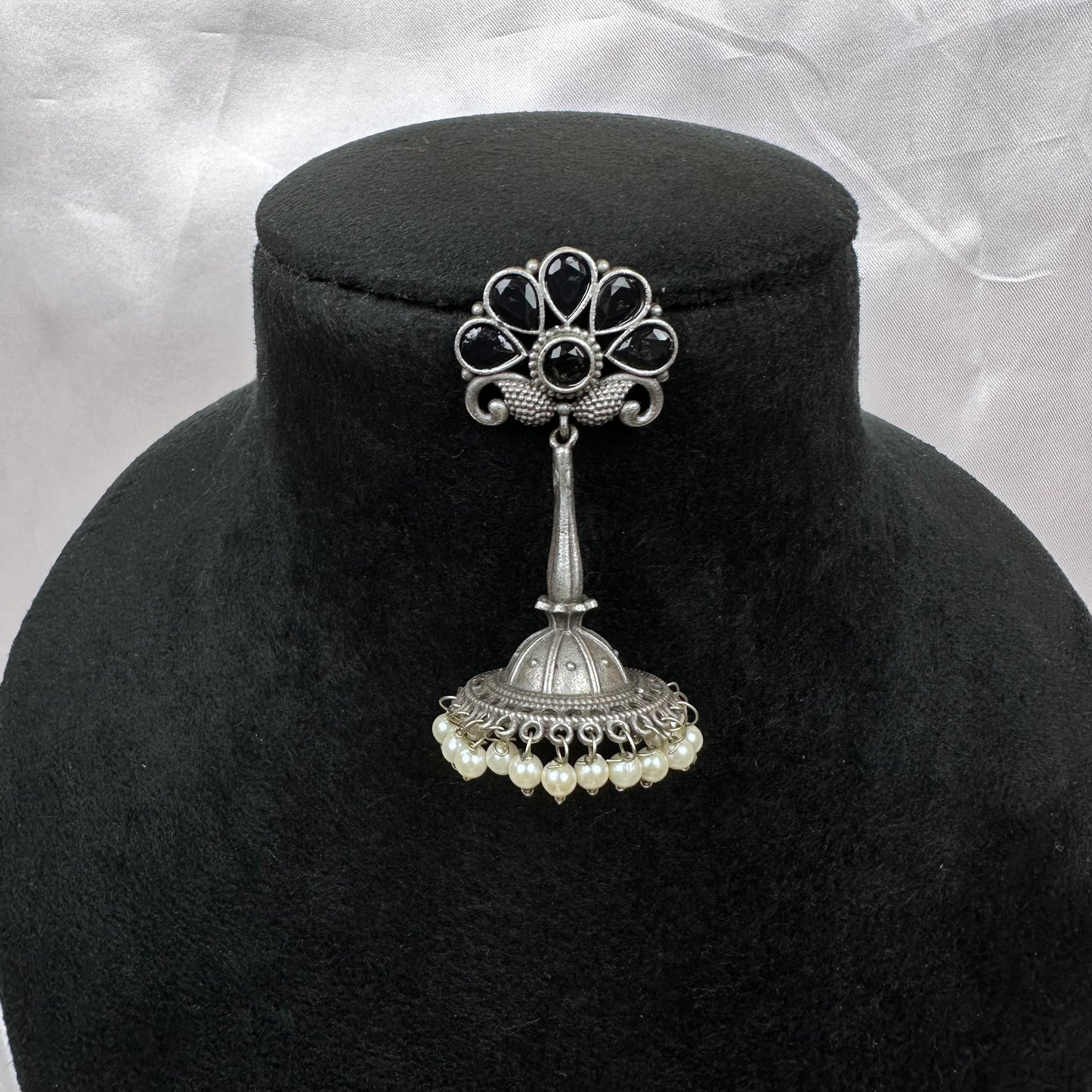 Traditional Oxidised Silver Plated Jhumka Earrings with Stone Work Black
