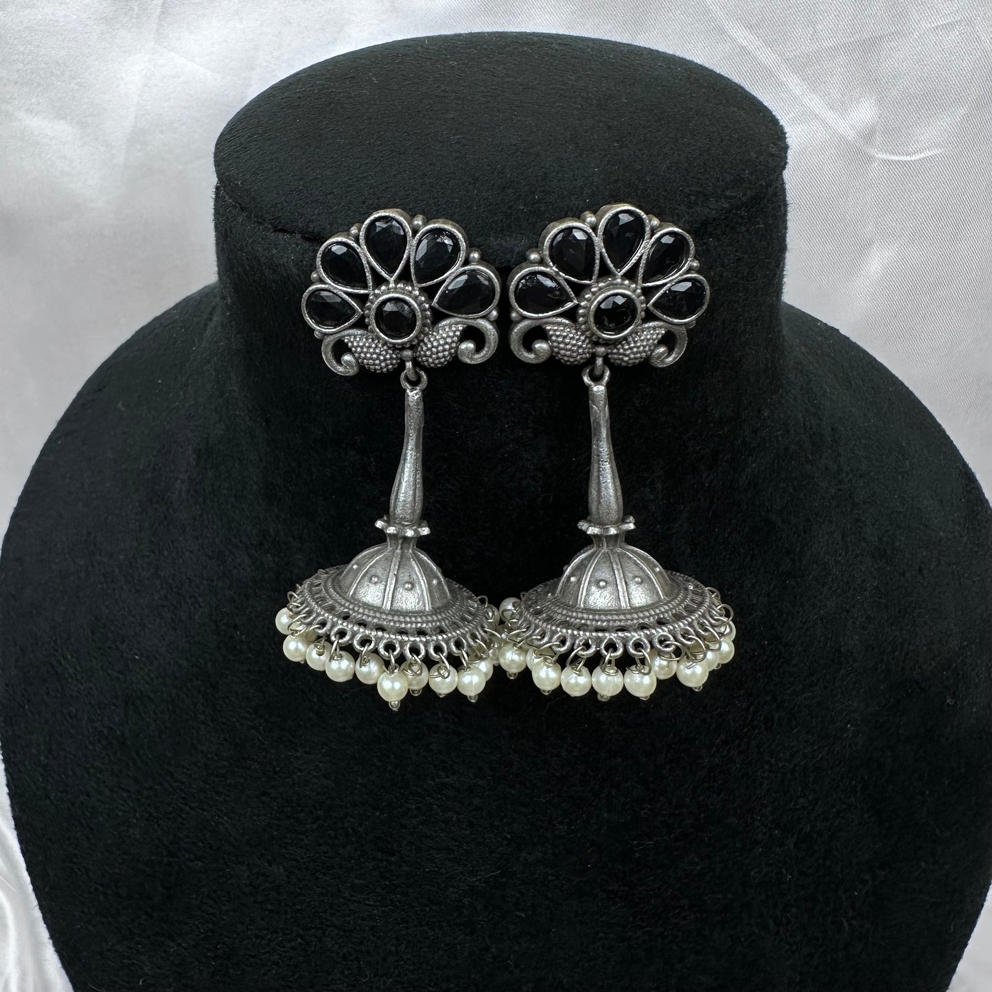 Traditional Oxidised Silver Plated Jhumka Earrings with Stone Work Black
