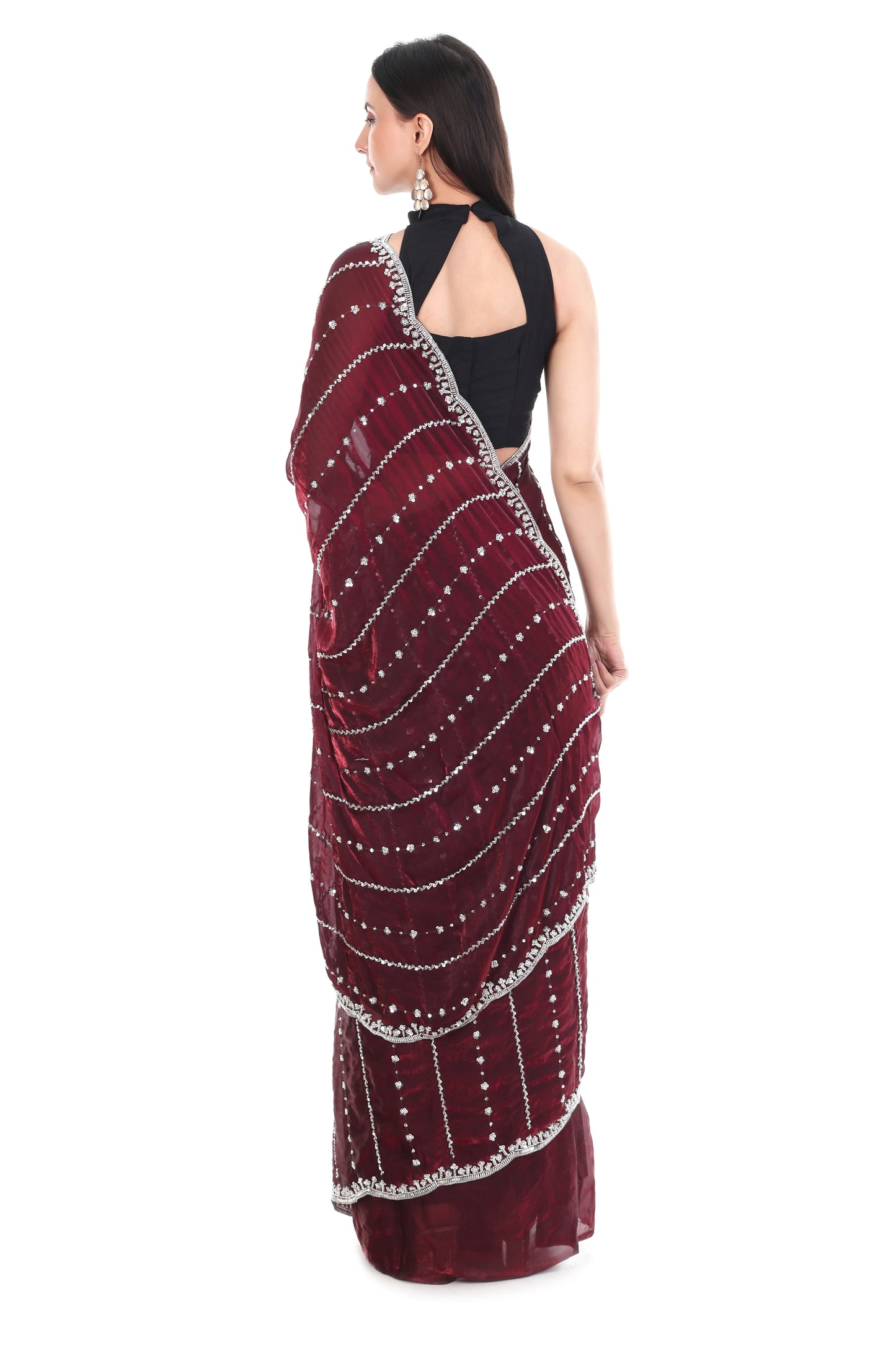 Wine Satin Silk Saree with Cutwork Border Elegance