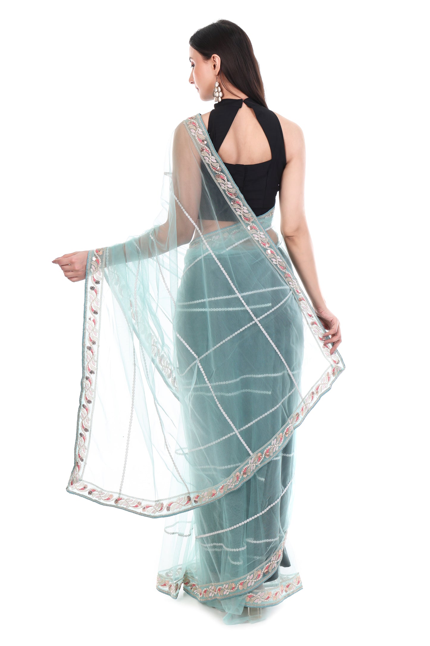 Green Premium Net Saree with Heavy Embroidery & Sequin Work