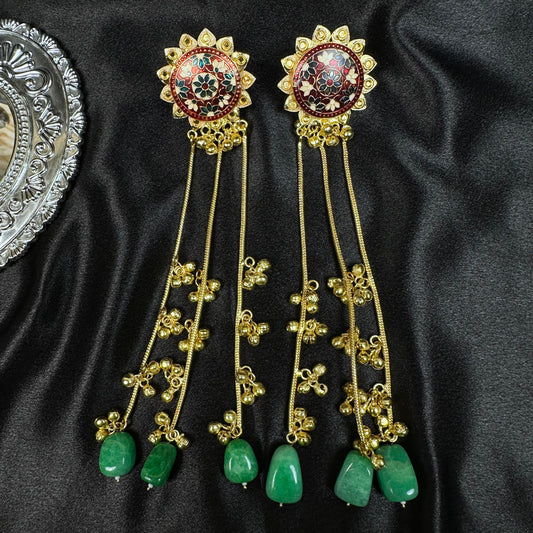 Kashmiri Traditional Long Dangler Earrings with Green Stones