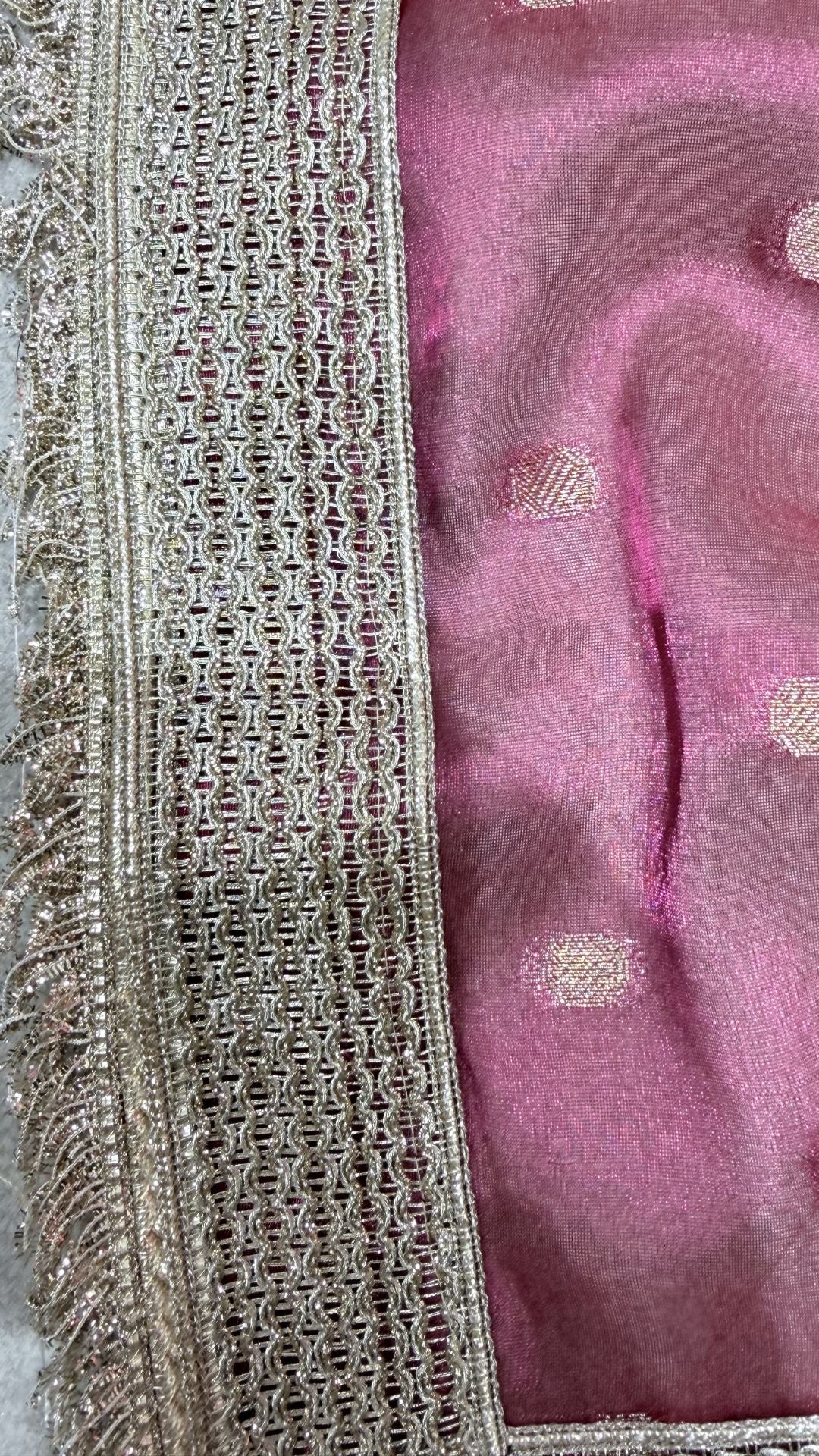 Rani Pink Tissue Chunri Saree with Lace Border