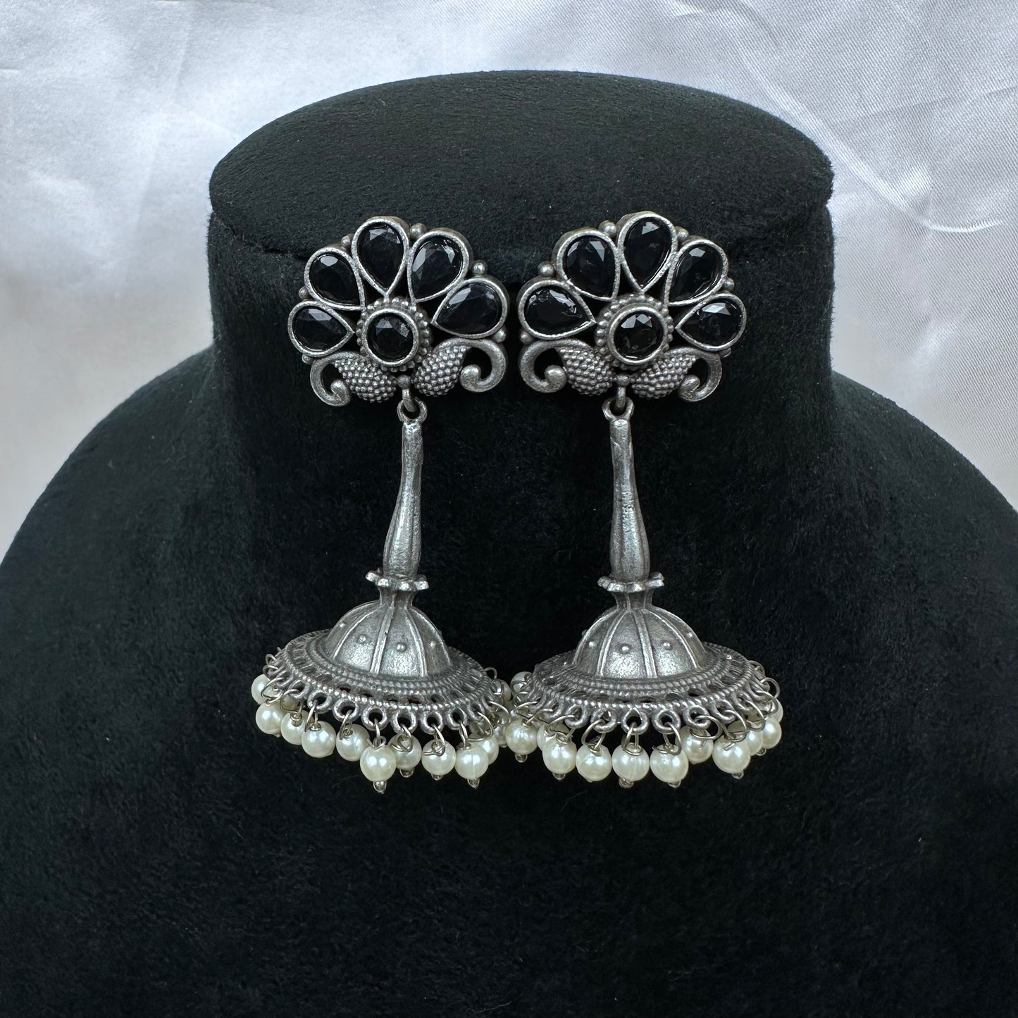 Traditional Oxidised Silver Plated Jhumka Earrings with Stone Work Black