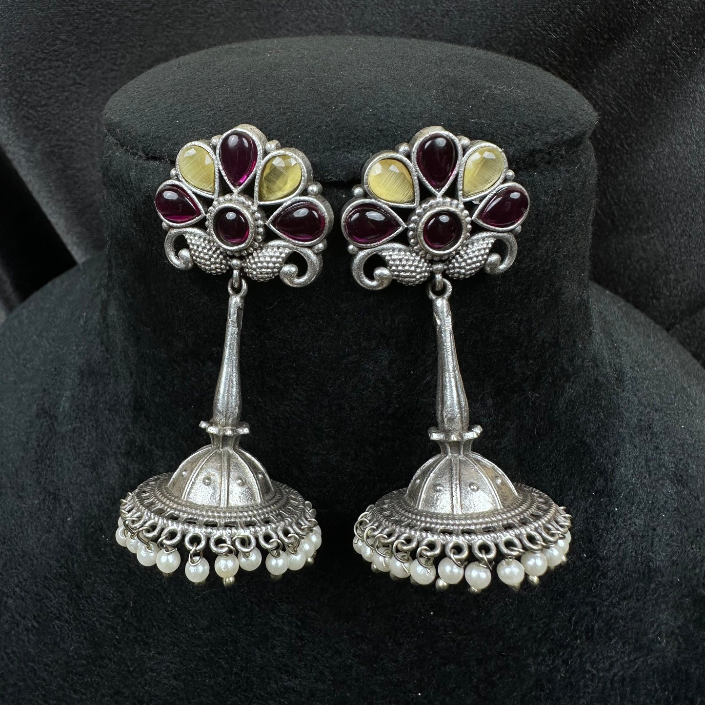 Traditional Oxidised Silver Plated Jhumka Earrings with Stone Work Yellow-Red