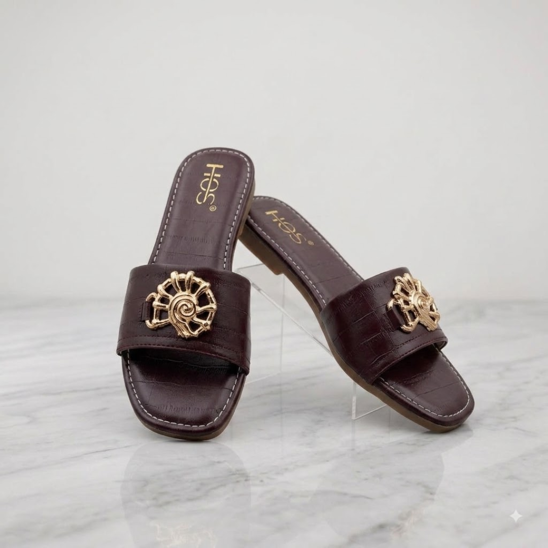 Maroon Croc-Texture Flat Sandals with Gold Spiral Motif
