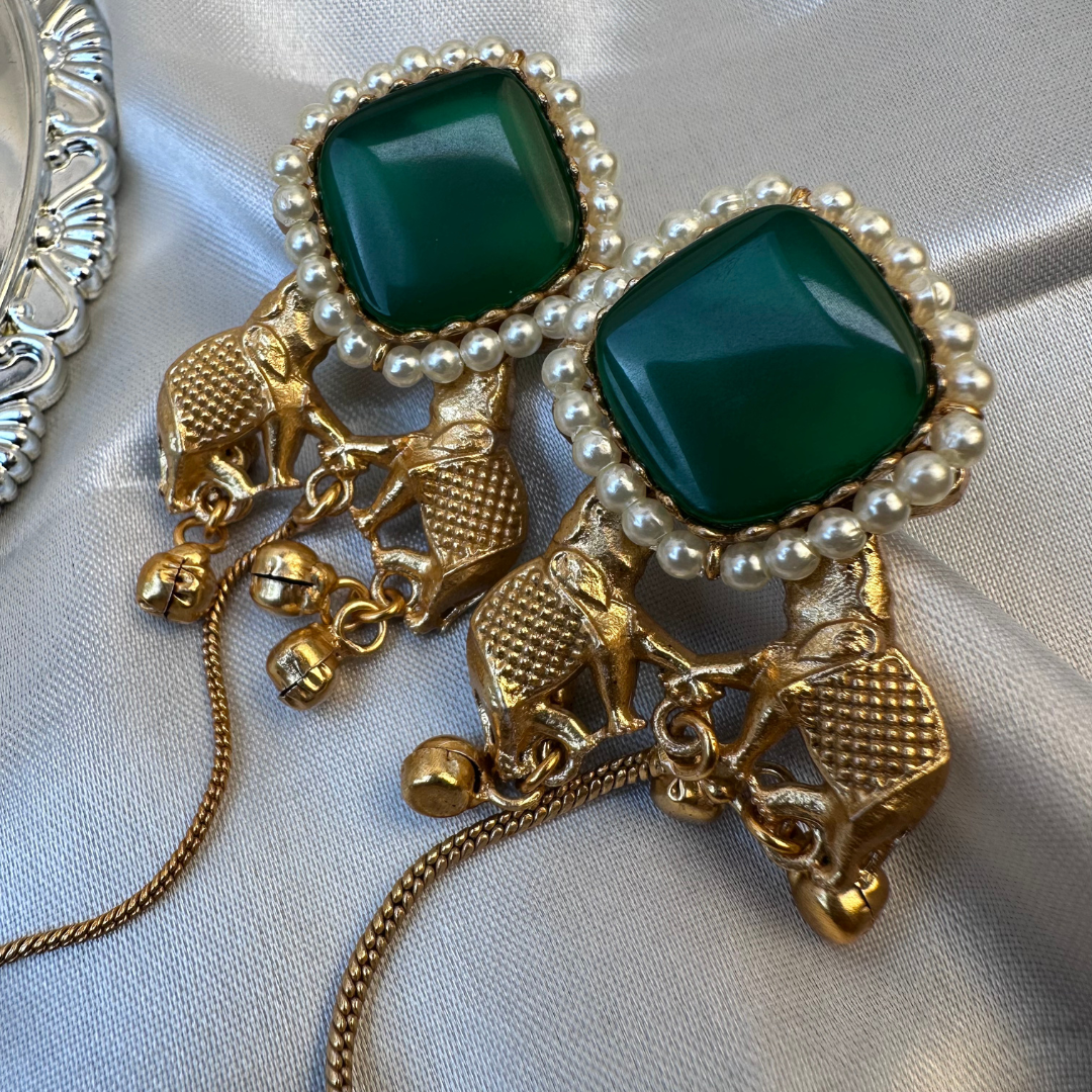 Kashmiri Brass Ghungroo Long Earring Green