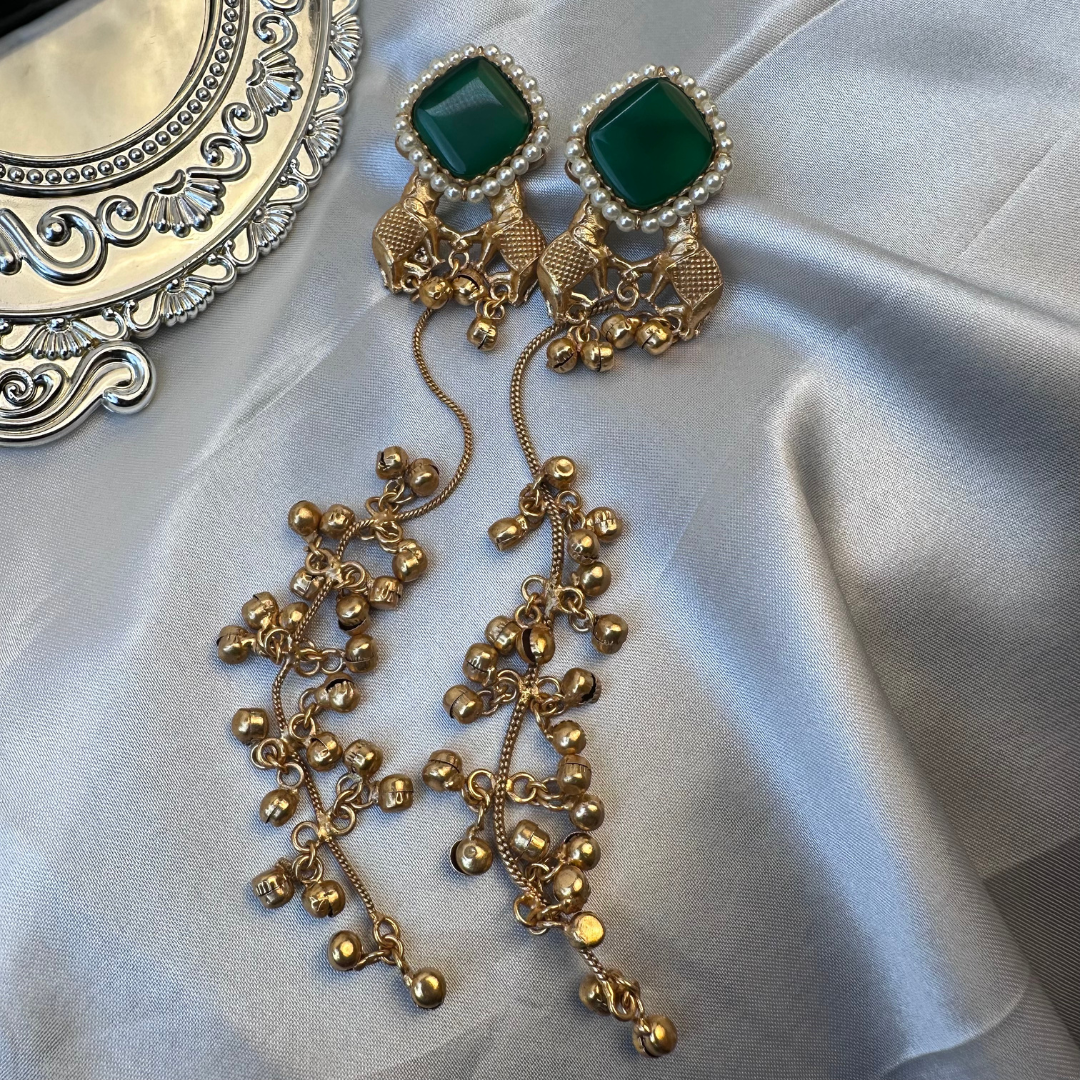 Kashmiri Brass Ghungroo Long Earring Green