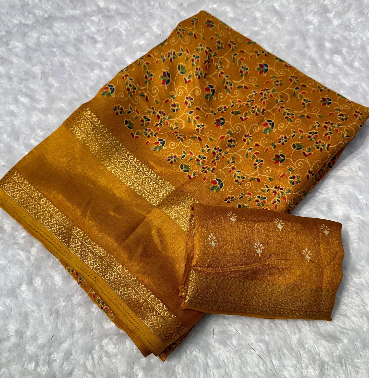Premium Floral Georgette Saree in Honey Mustard